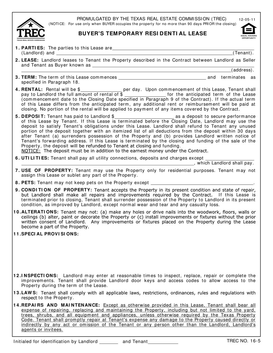 TREC Form 16-5 Buyers Temporary Residential Lease - Texas, Page 1