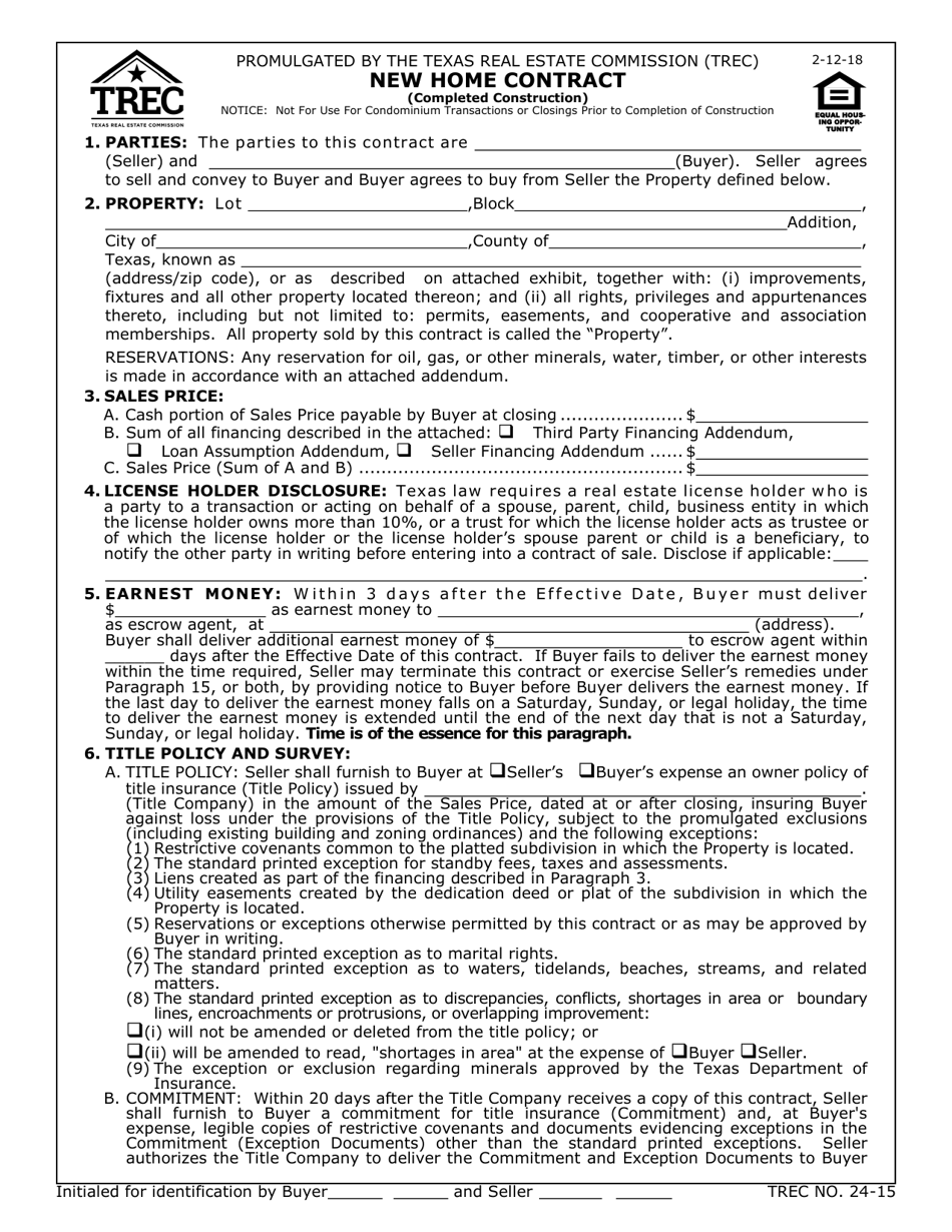 TREC Form 24-15 New Home Contract (Completed Construction) - Texas, Page 1