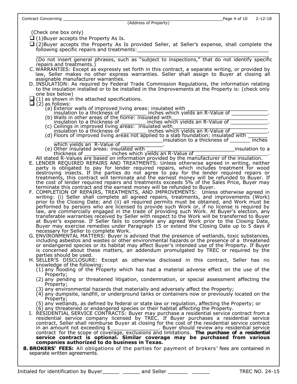 TREC Form 24-15 New Home Contract (Completed Construction) - Texas, Page 4