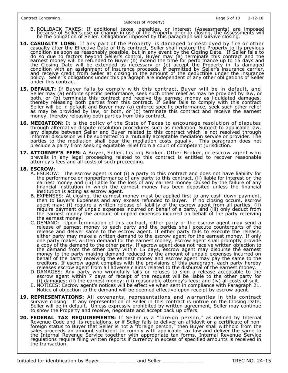 TREC Form 24-15 New Home Contract (Completed Construction) - Texas, Page 6