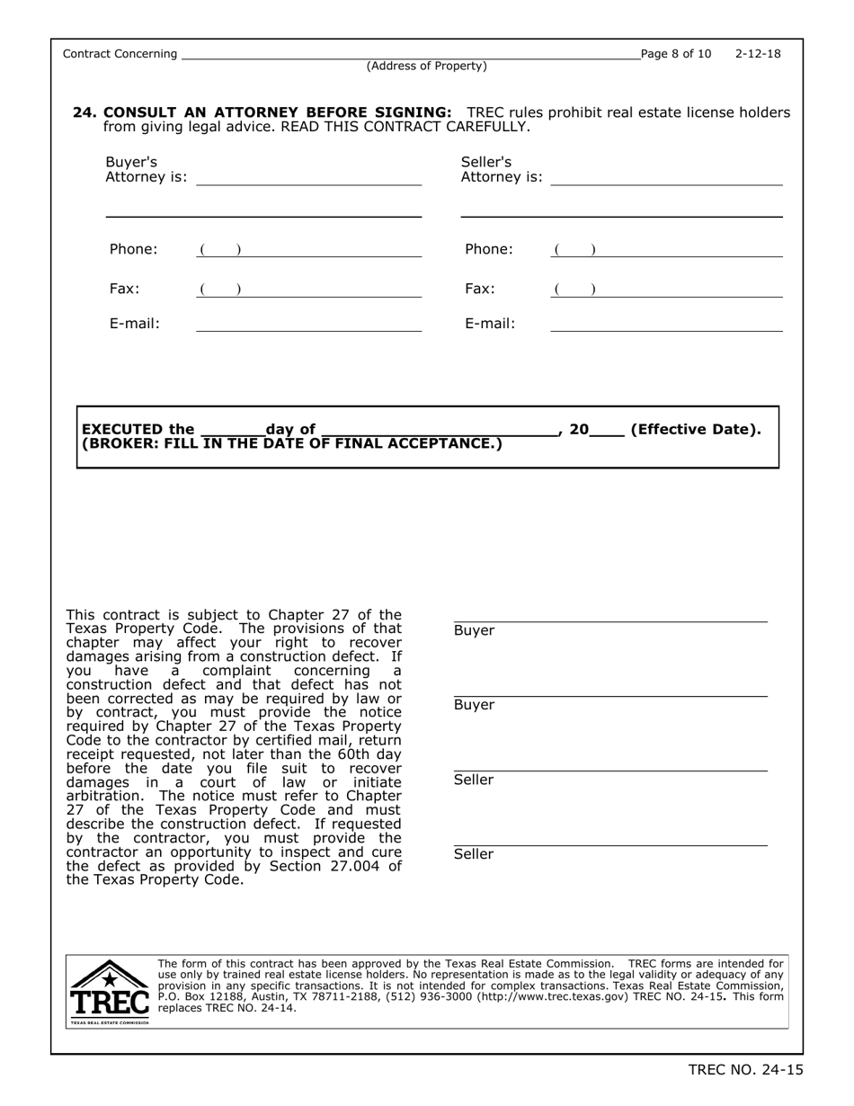 TREC Form 24-15 New Home Contract (Completed Construction) - Texas, Page 8