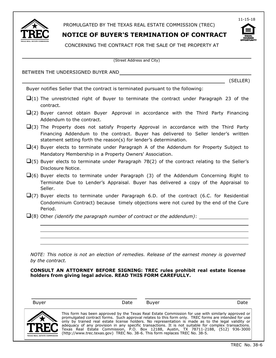 TREC Form 38-6 Notice of Buyers Termination of Contract - Texas, Page 1