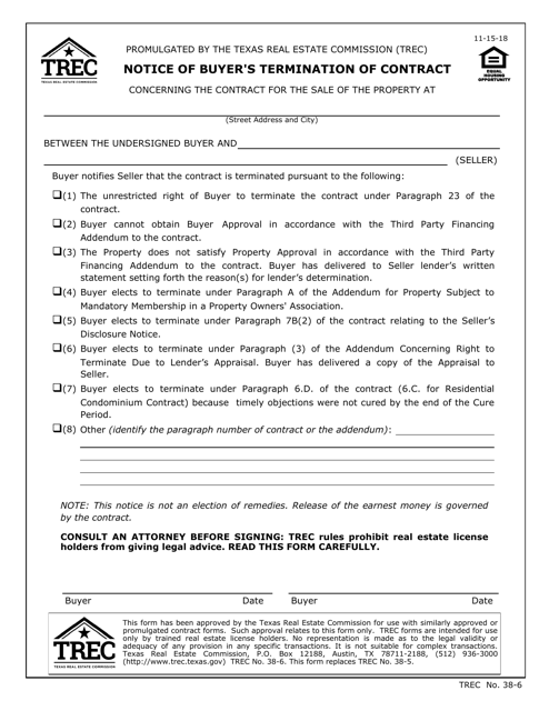 TREC Form 38-6 Notice of Buyer's Termination of Contract - Texas