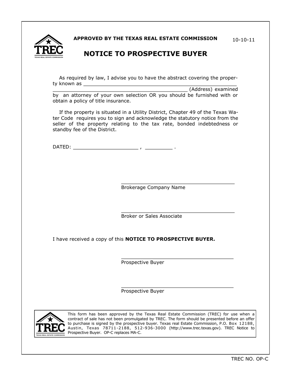 TREC Form OP-C Notice to Prospective Buyer - Texas, Page 1