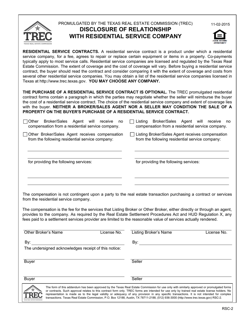 Form RSC-2 Disclosure of Relationship With Residential Service Company - Texas, Page 1