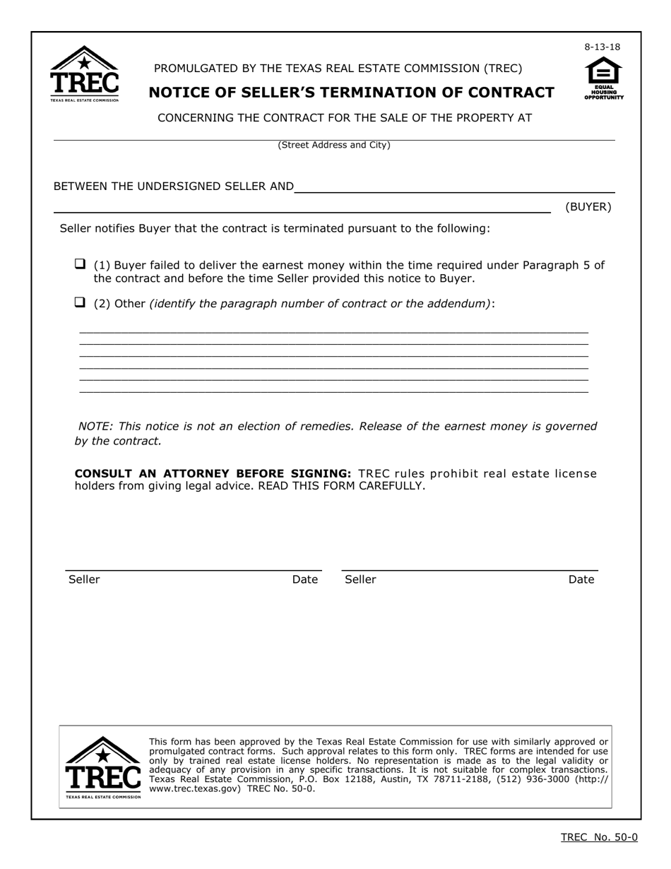 TREC Form 50-0 Notice of Sellers Termination of Contract - Texas, Page 1