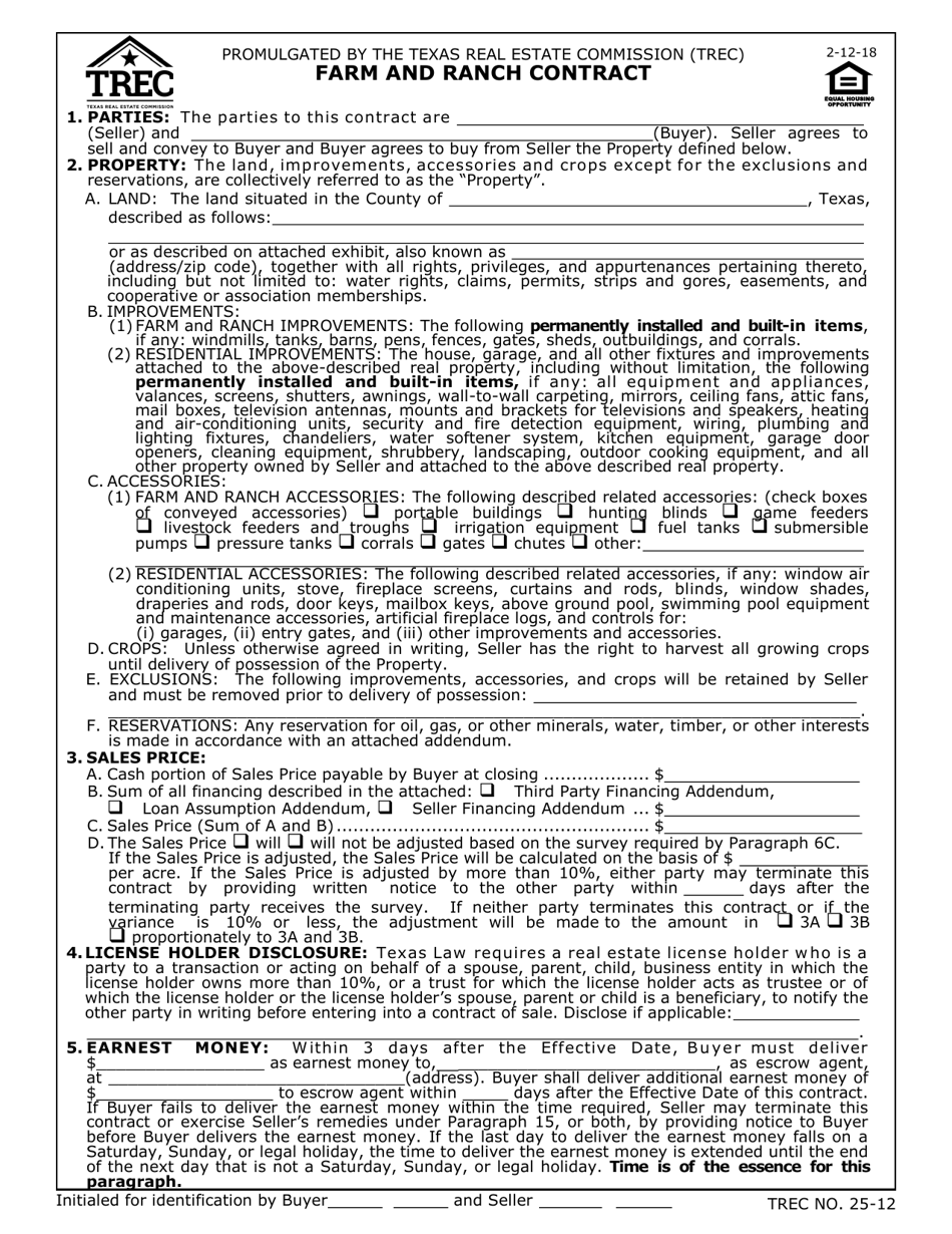 TREC Form 25-12 Farm and Ranch Contract - Texas, Page 1