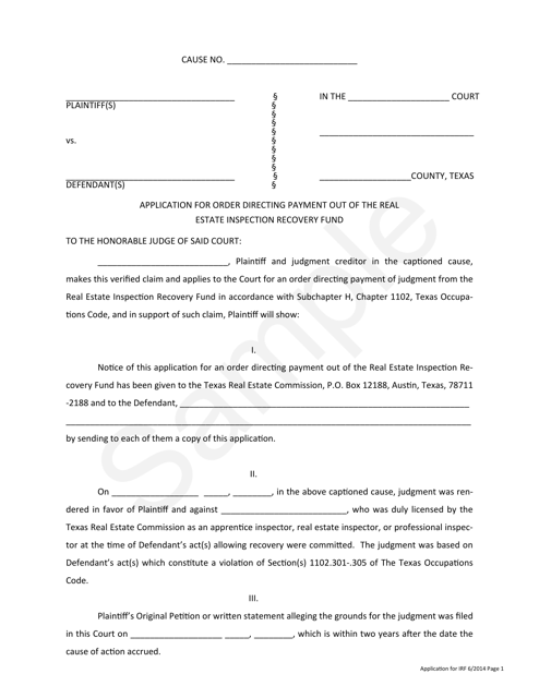 Application for Order Directing Payment out of the Real Estate Inspection Recovery Fund - Texas Download Pdf
