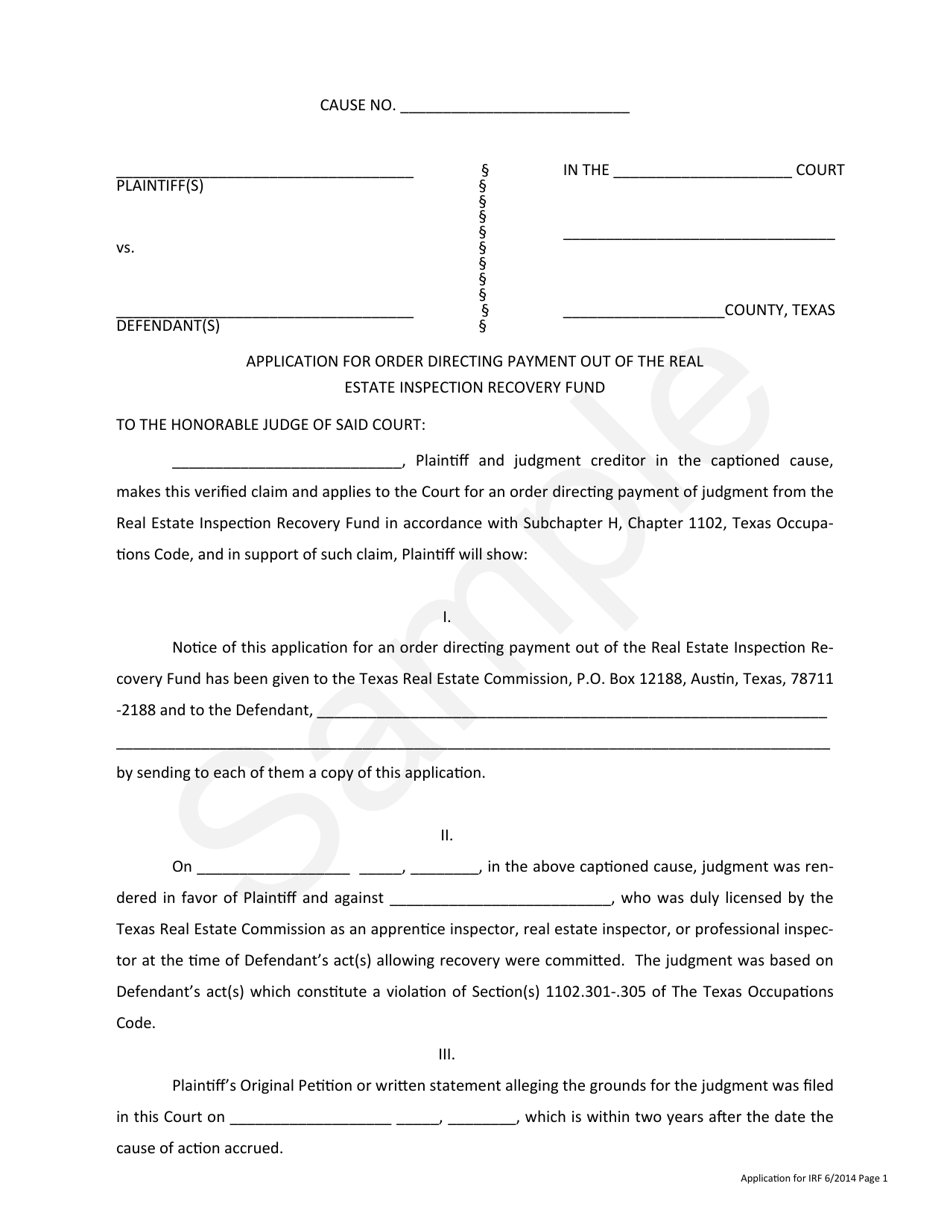 Texas Application for Order Directing Payment out of the Real Estate ...