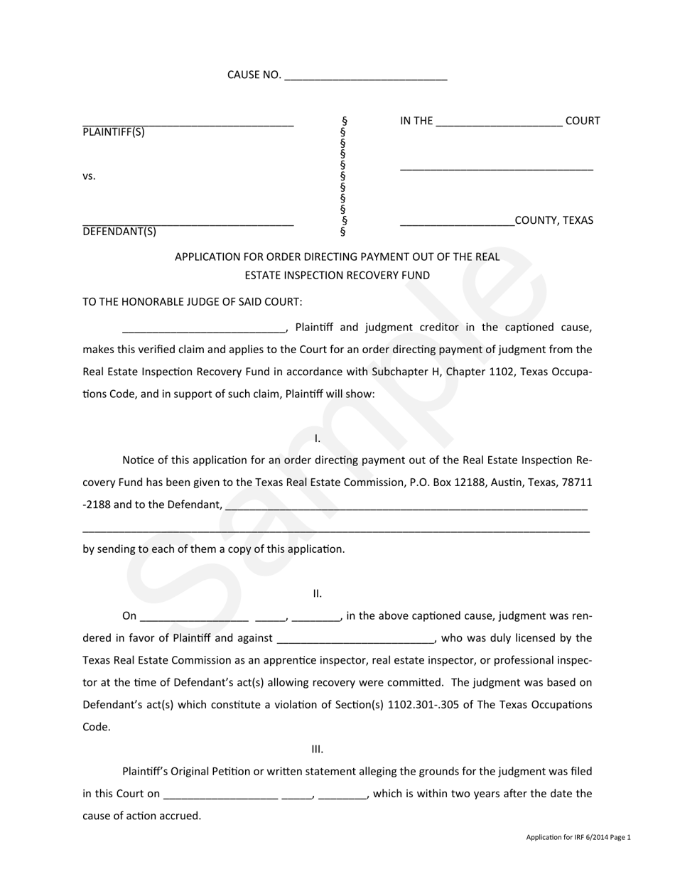 Application for Order Directing Payment out of the Real Estate Inspection Recovery Fund - Texas, Page 1