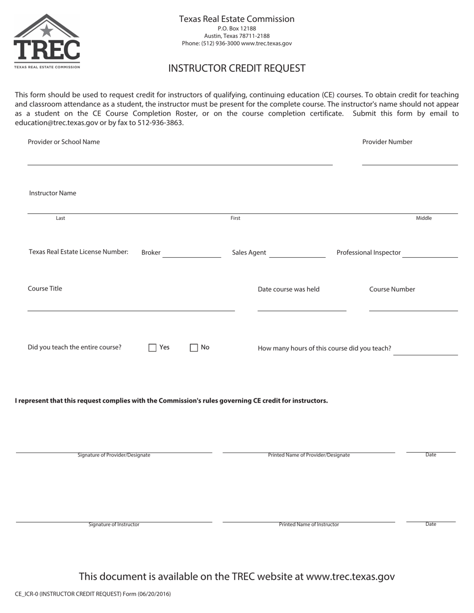 Form CE_ICR-0 Instructor Credit Request - Texas, Page 1