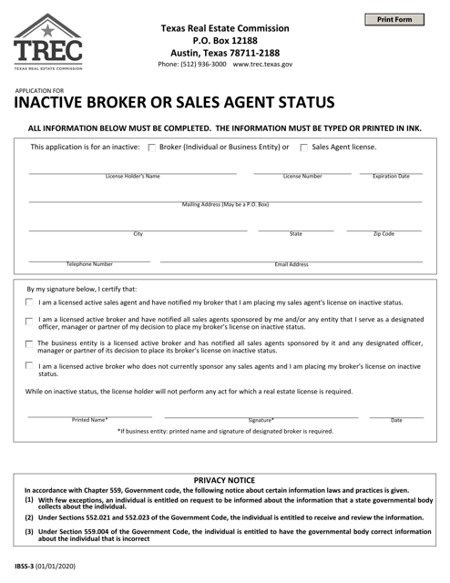 Form IBSS-3 Application for Inactive Broker or Sales Agent Status - Texas