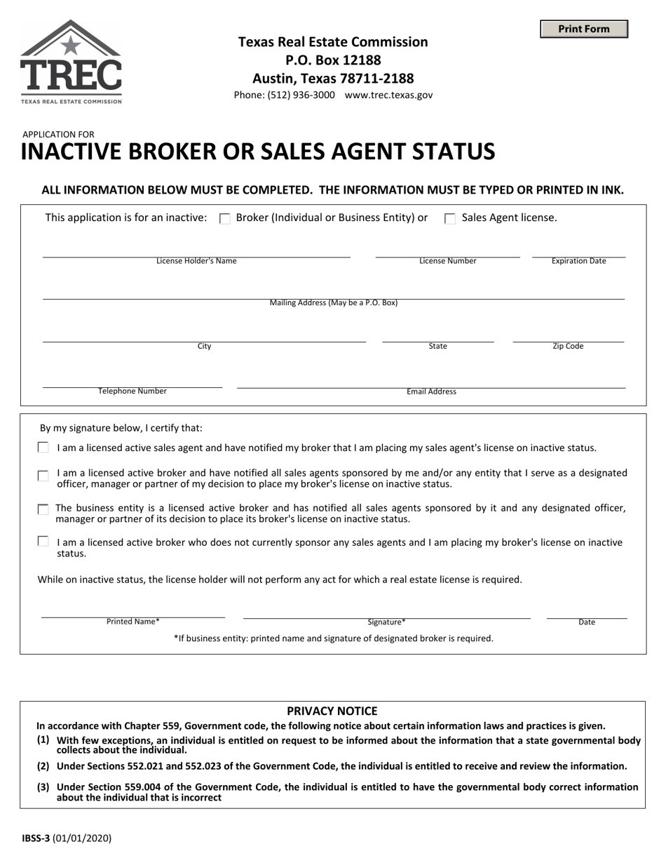 Form IBSS-3 Application for Inactive Broker or Sales Agent Status - Texas, Page 1