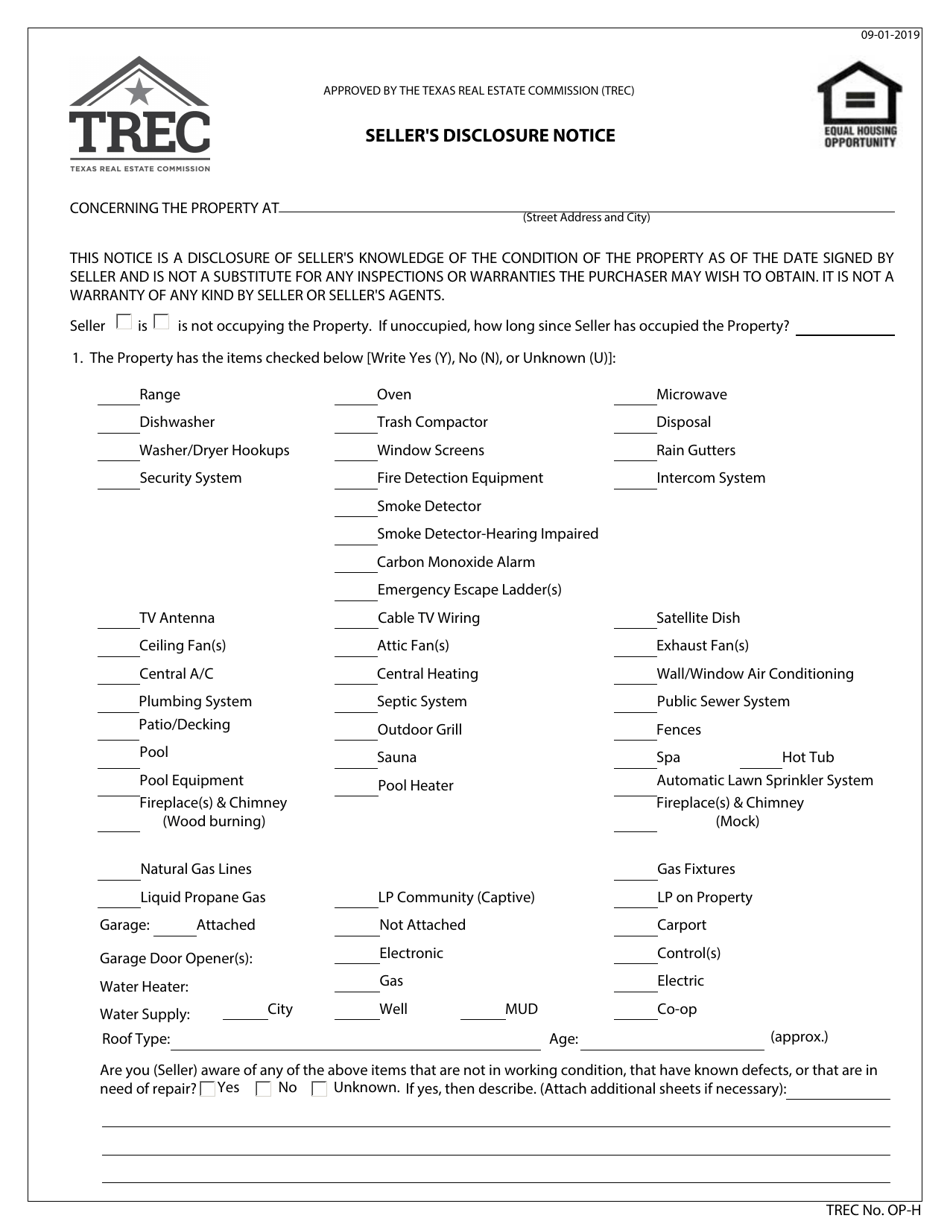 TREC Form OP-H Sellers Disclosure Notice - Texas, Page 1