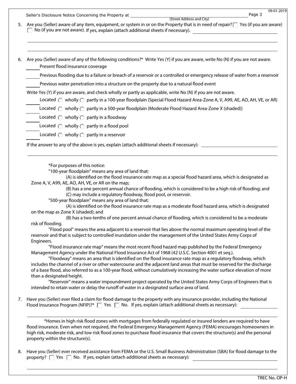 TREC Form OP-H Sellers Disclosure Notice - Texas, Page 3