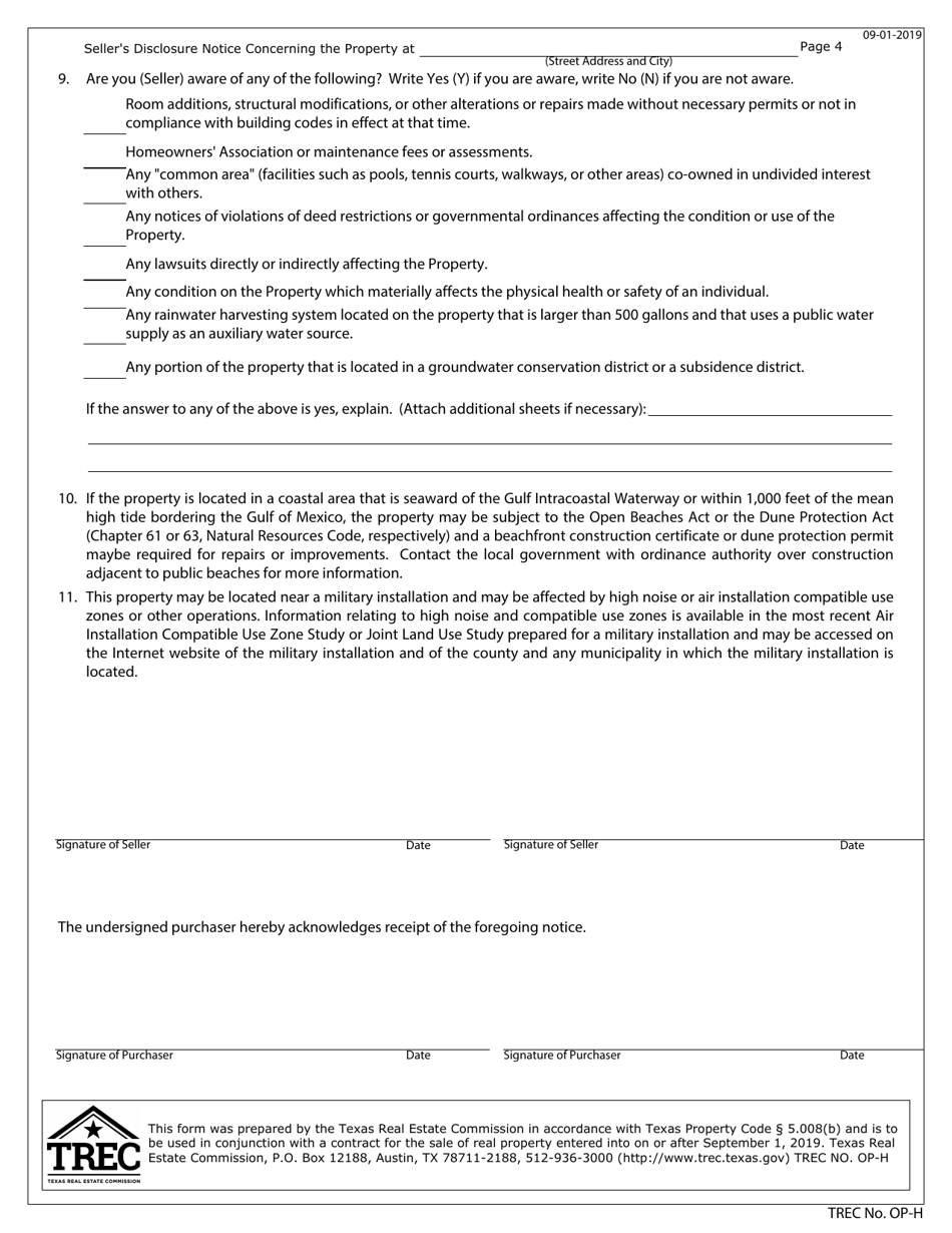 TREC Form OP-H Sellers Disclosure Notice - Texas, Page 4