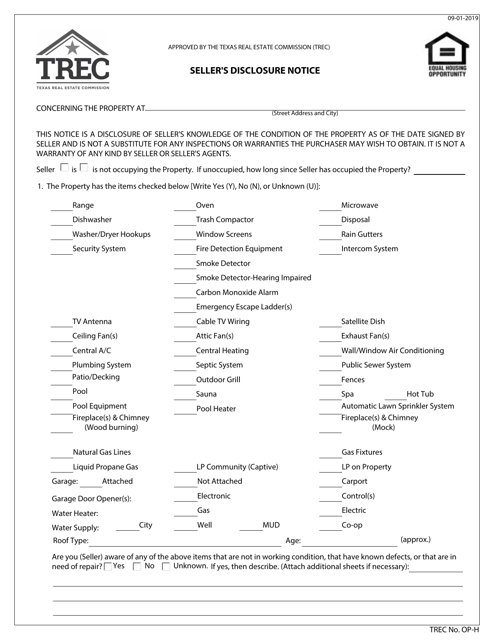 TREC Form OP-H Seller's Disclosure Notice - Texas