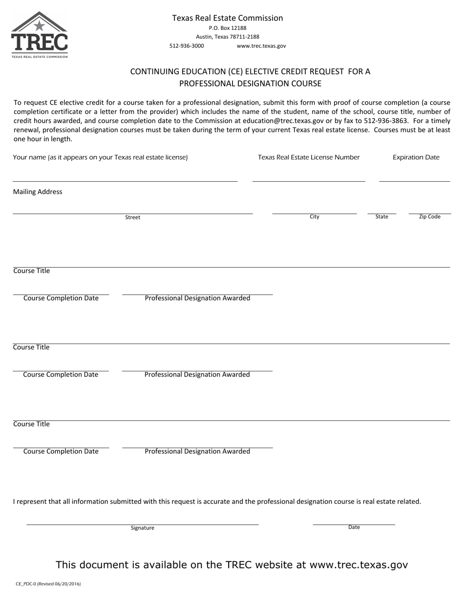 Form CE_PDC-0 Continuing Education (Ce) Elective Credit Request for a Professional Designation Course - Texas, Page 1