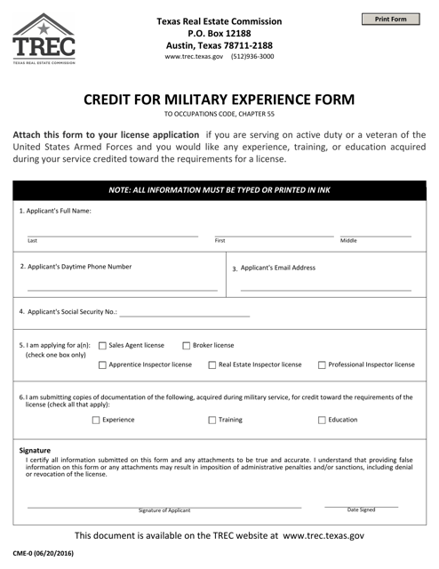 Form CME-0 Credit for Military Experience Form - Texas