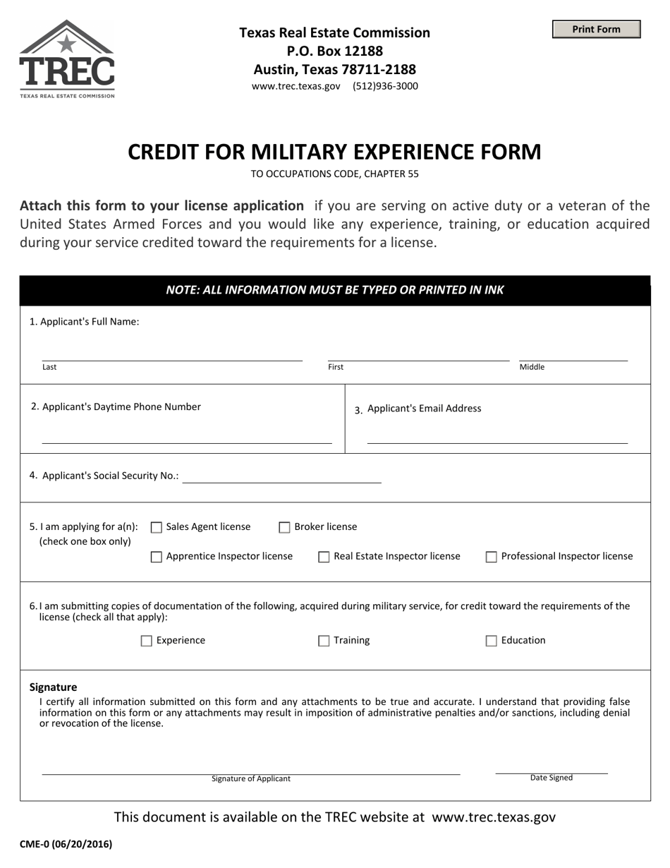 Form CME-0 Credit for Military Experience Form - Texas, Page 1