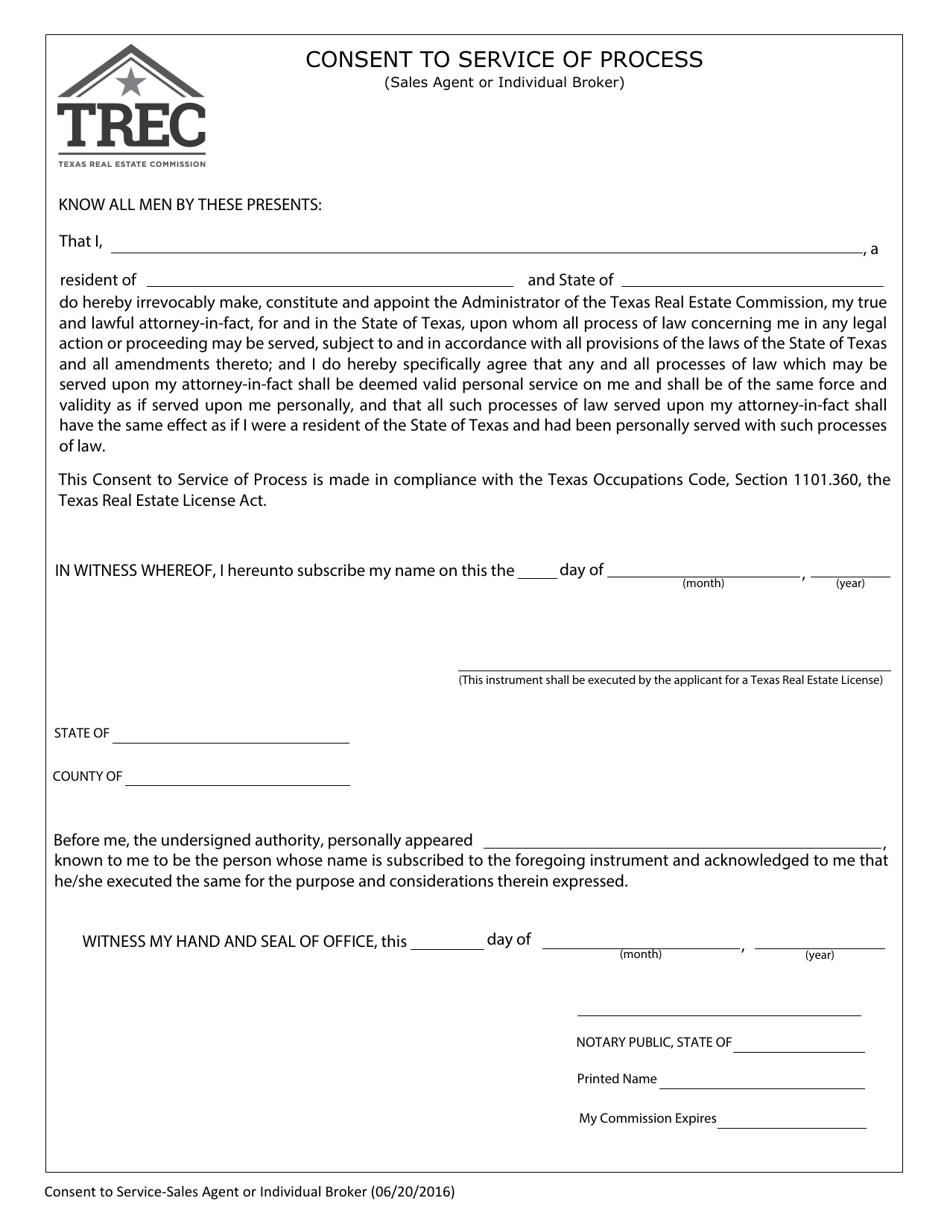 Consent to Service of Process (Sales Agent or Individual Broker) - Texas, Page 1