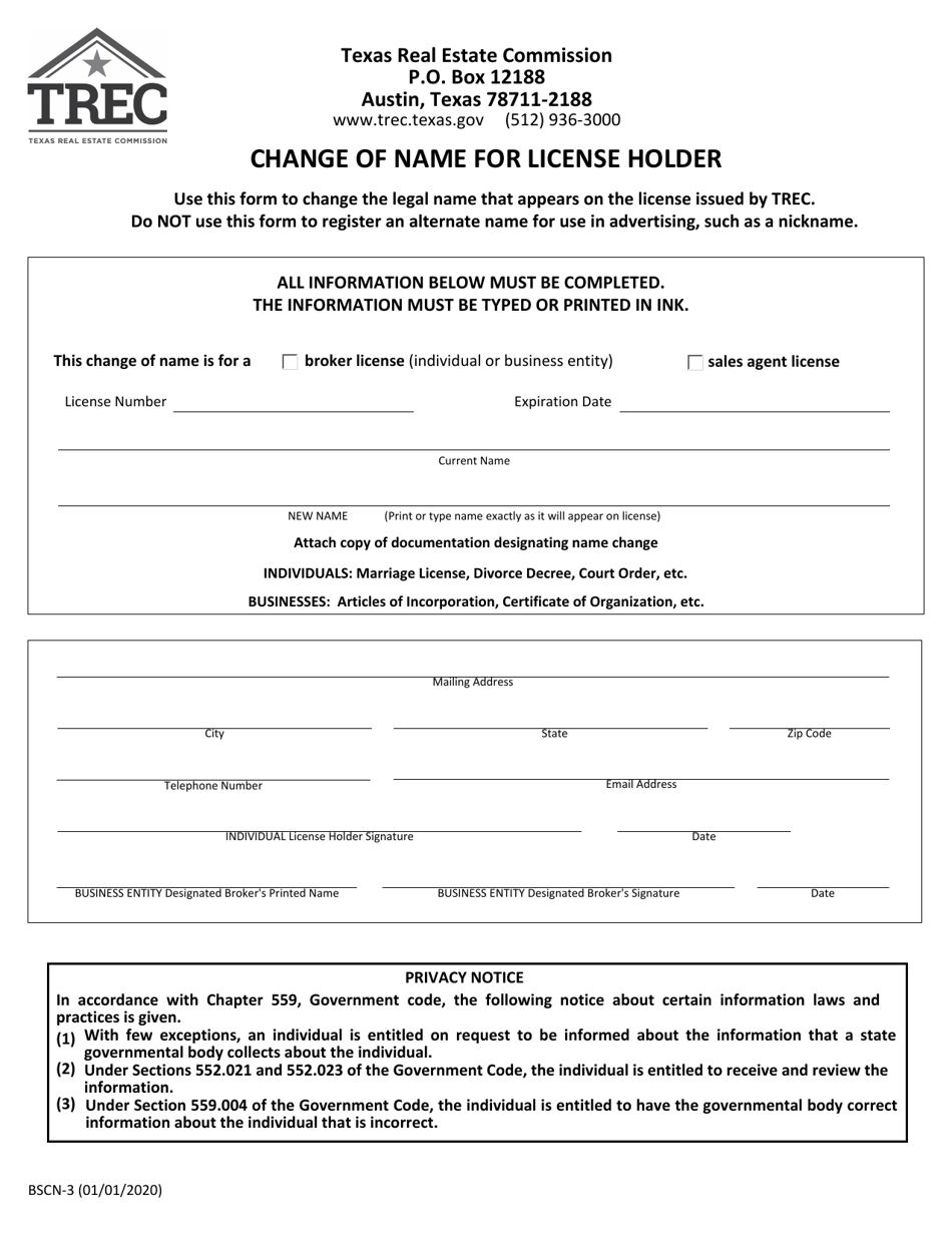 Form BSCN-3 Change of Name for License Holder - Texas, Page 1