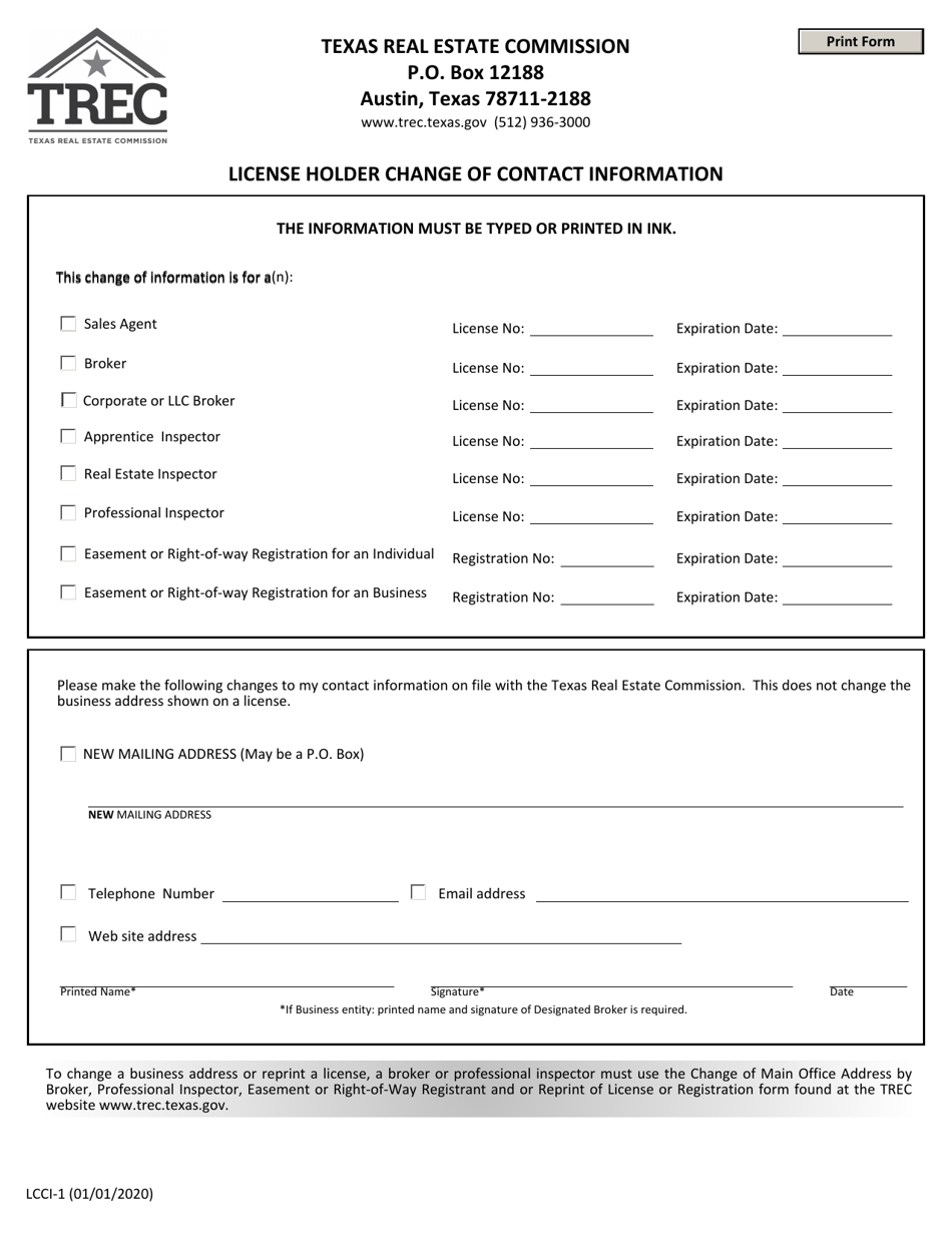 Form LCCI-1 License Holder Change of Contact Information - Texas, Page 1