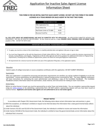 Form ISL-9 Application for Inactive Real Estate Sales Agent License - Texas