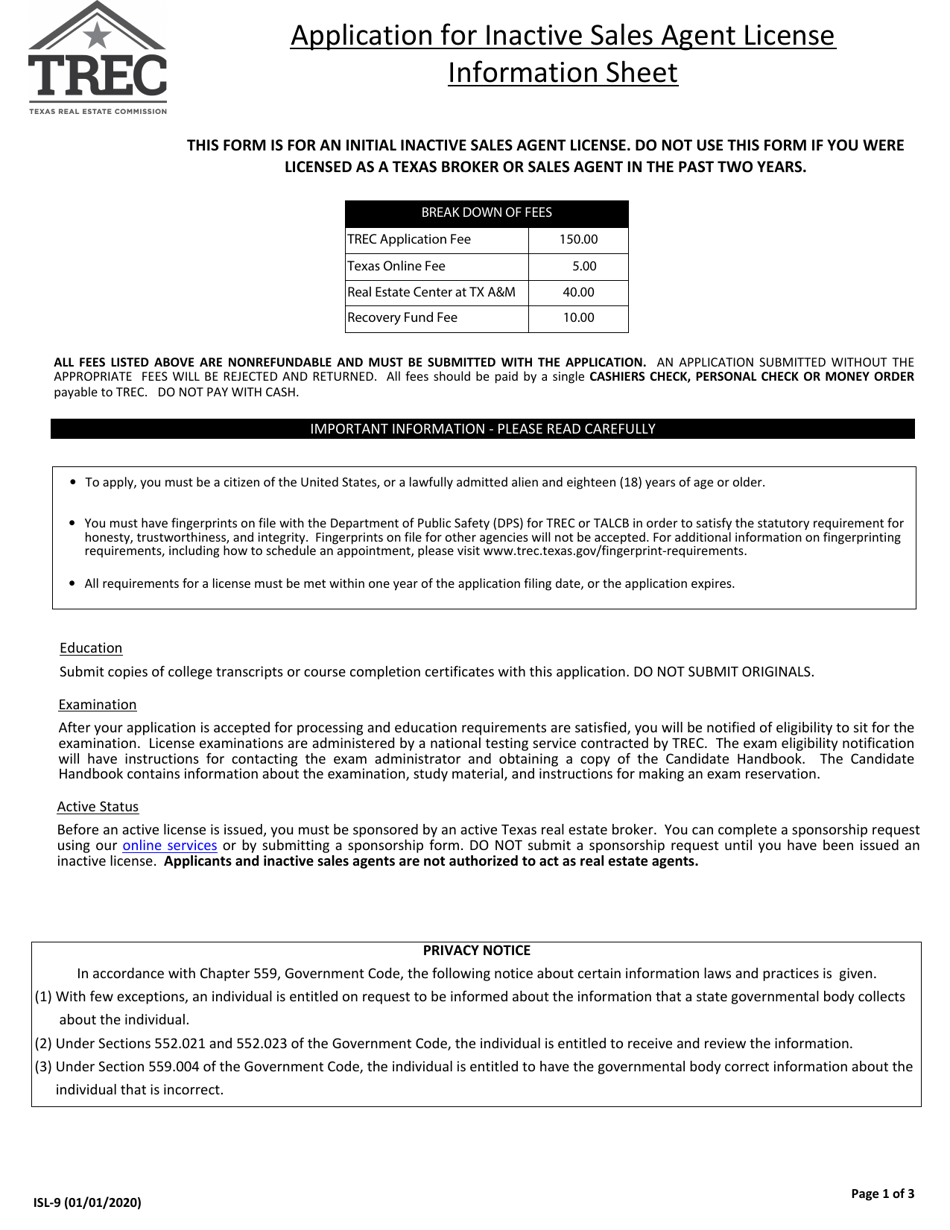 Form ISL-9 Application for Inactive Real Estate Sales Agent License - Texas, Page 1