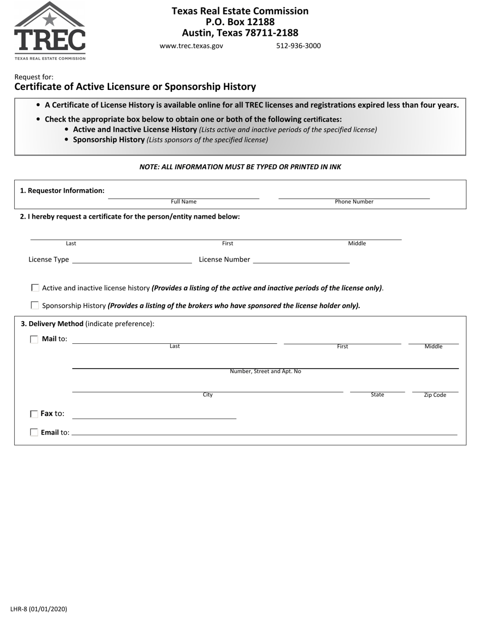 Form LHR-8 Request for Certificate of Active Licensure or Sponsorship History - Texas, Page 1