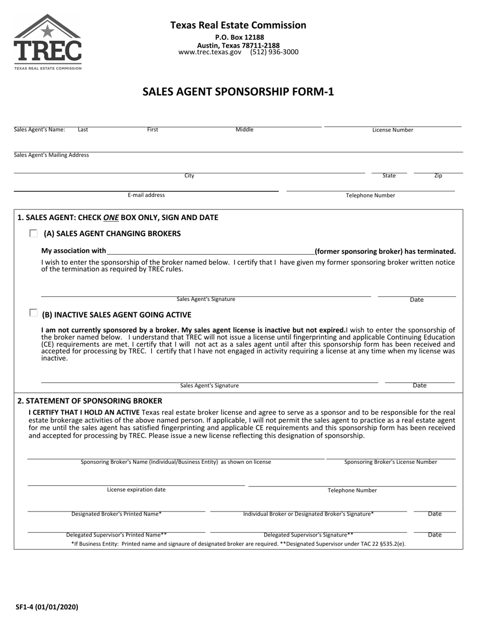 Form SF1-4 Sales Agent Sponsorship Form - Texas, Page 1