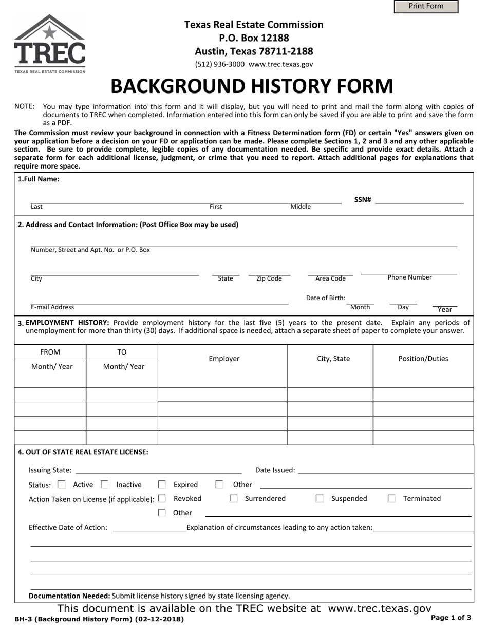Form BH-3 Background History Form - Texas, Page 1