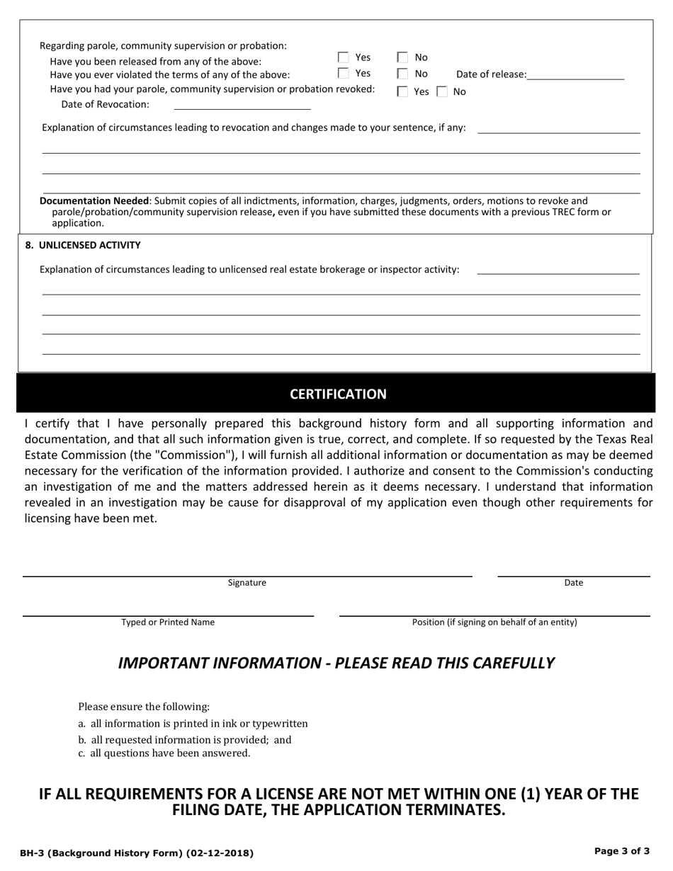 Form BH-3 Background History Form - Texas, Page 3