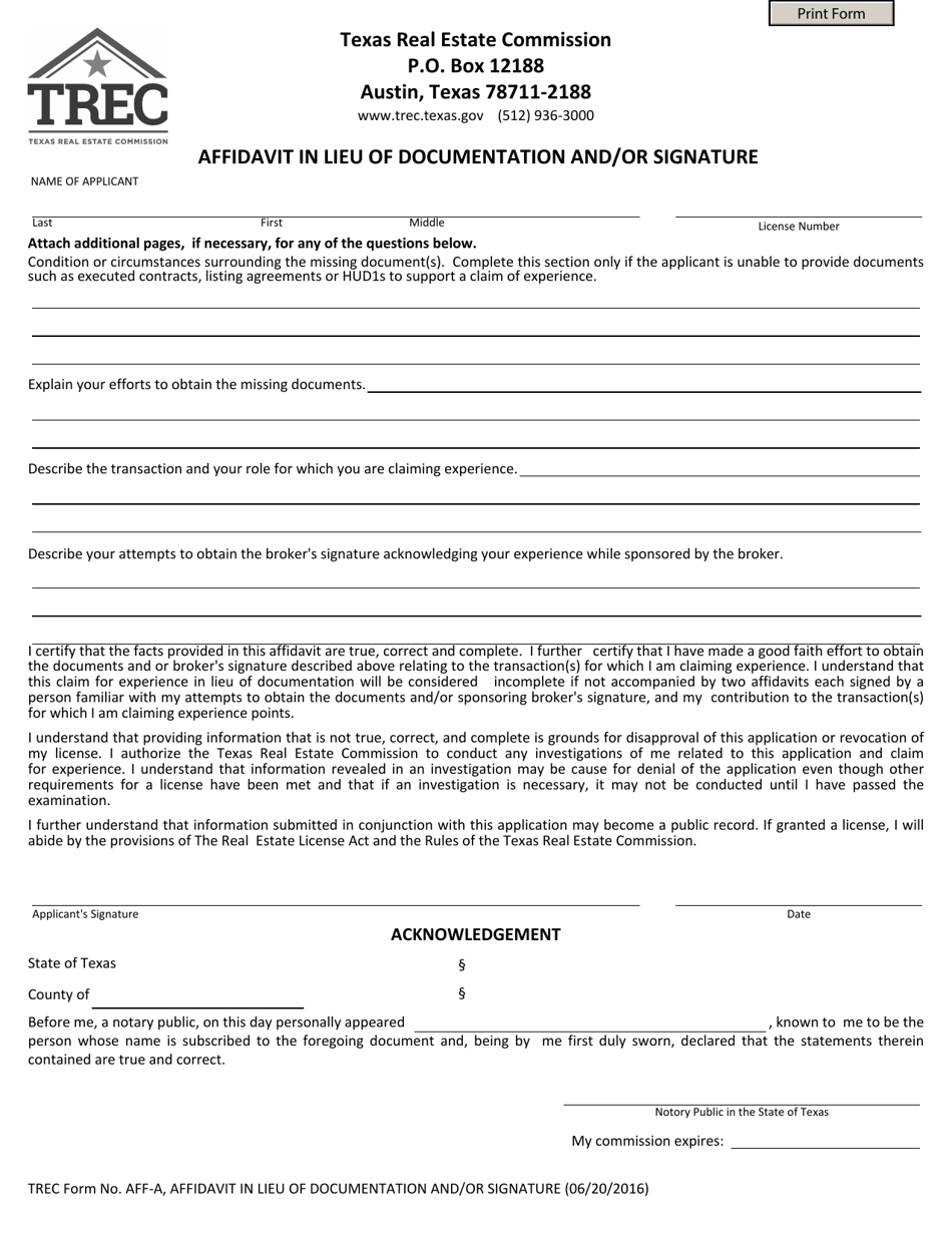 TREC Form AFF-A Affidavit in Lieu of Documentation and / or Signature - Texas, Page 1