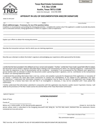 Document preview: TREC Form AFF-A Affidavit in Lieu of Documentation and/or Signature - Texas