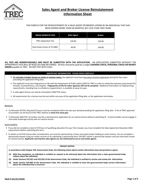 Form SBLR-9 Reinstatement of Real Estate Sales Agent License or Broker License by Individual - Texas