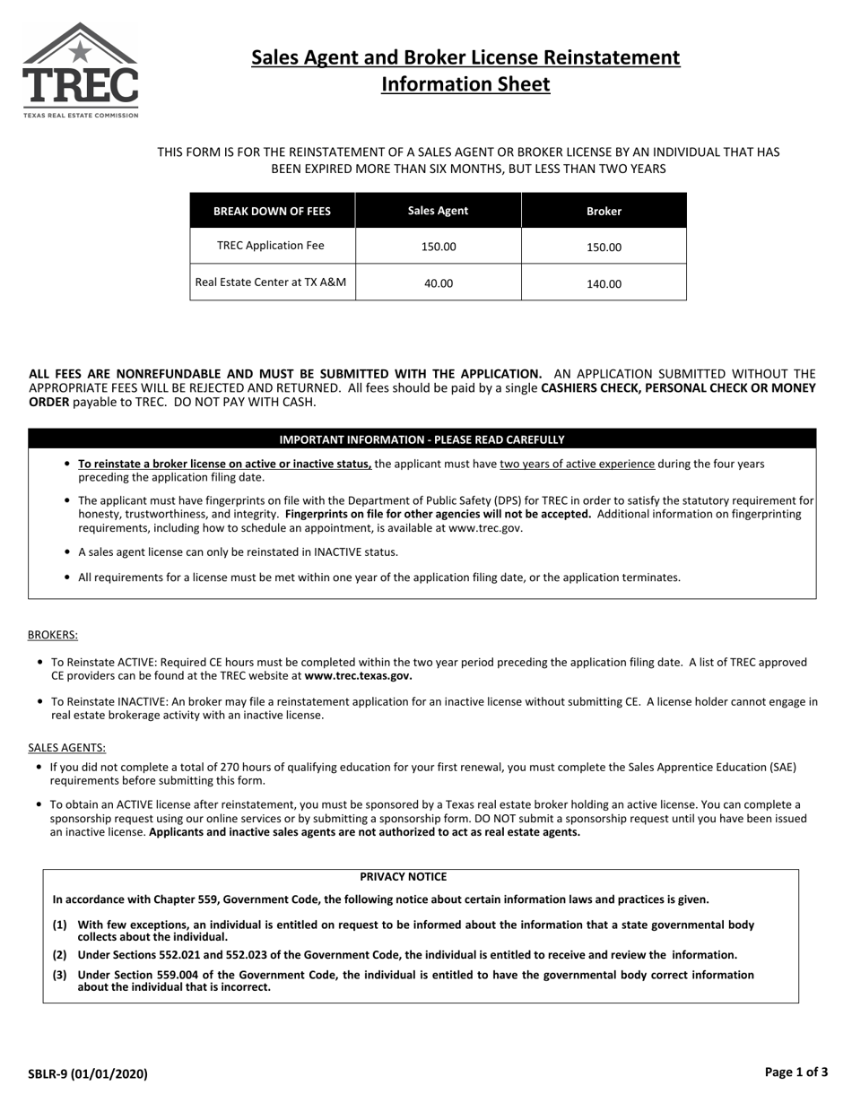 Form SBLR-9 Reinstatement of Real Estate Sales Agent License or Broker License by Individual - Texas, Page 1