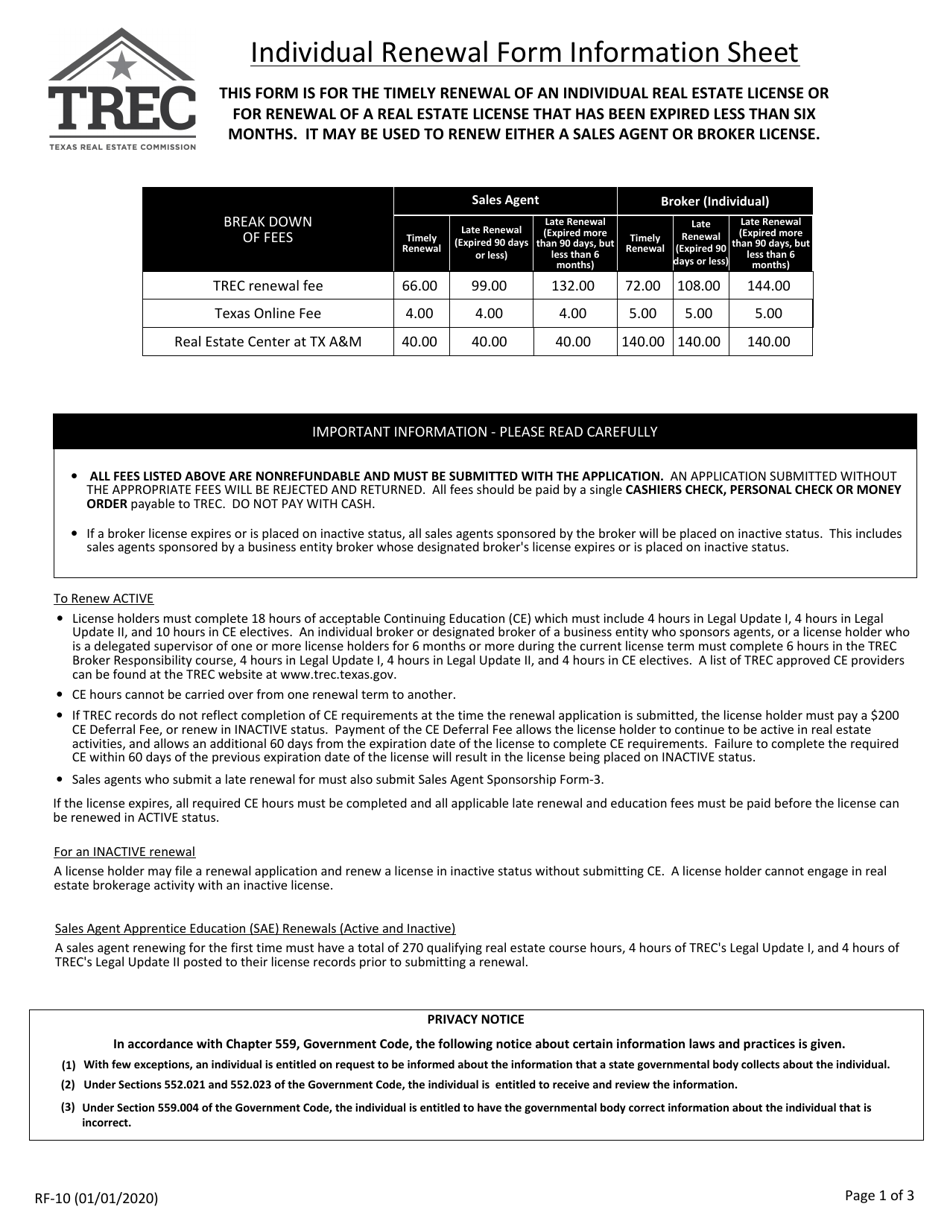 Form RF-10 Renewal of Individual Real Estate License -timely or Expired Less Than Six Months - Texas, Page 1