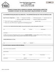 Form CMOA-1 Change of Main Office Address by Broker, Professional Inspector, Easement or Right-Of-Way Registrant and/or Reprint of License - Texas
