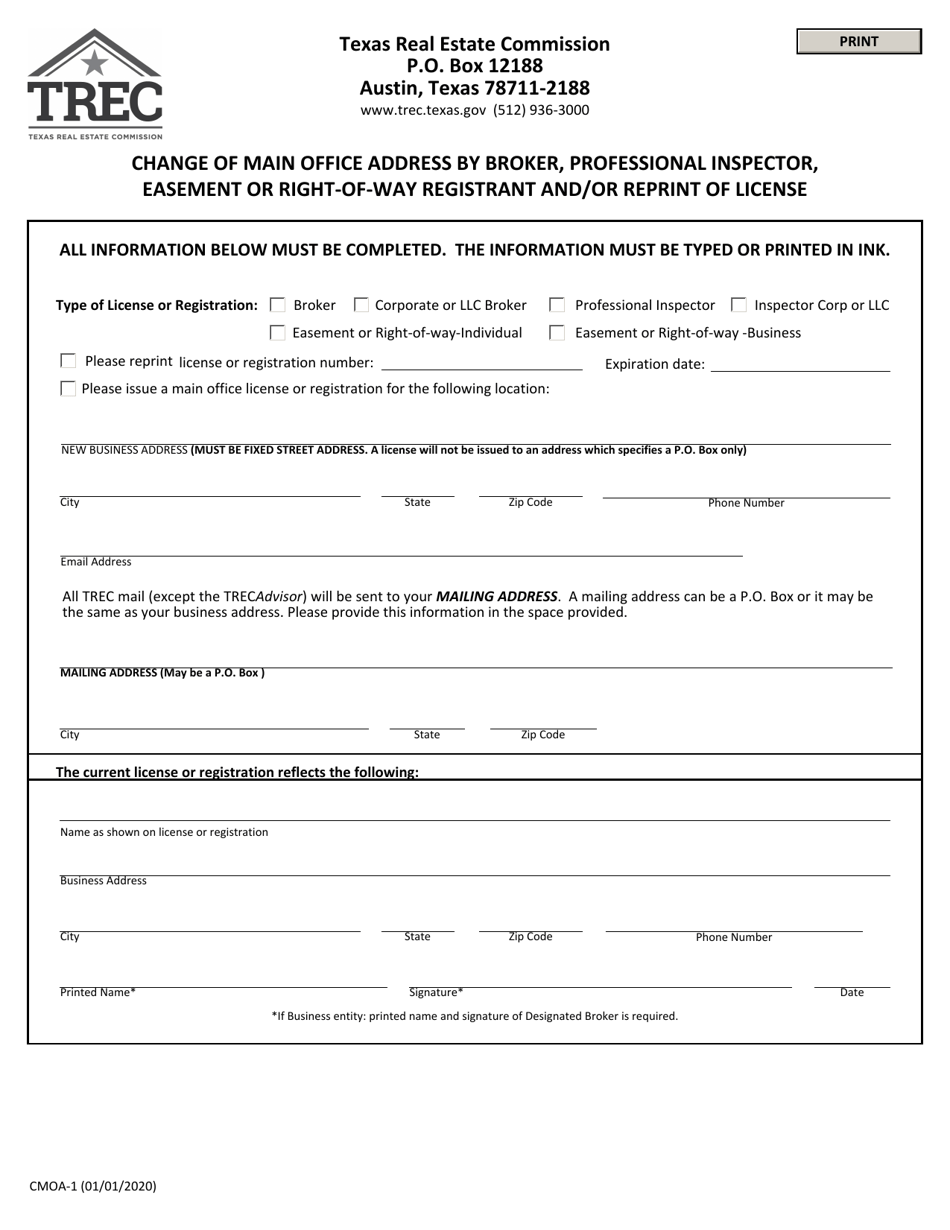 Form CMOA-1 Change of Main Office Address by Broker, Professional Inspector, Easement or Right-Of-Way Registrant and / or Reprint of License - Texas, Page 1
