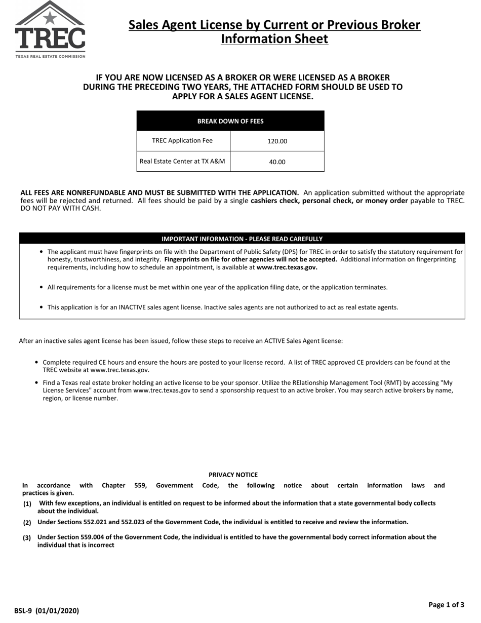 Form BSL-9 Application for: Real Estate Sales Agent License by Current or Previous Broker - Texas, Page 1
