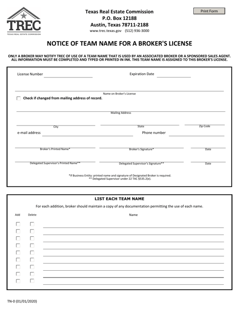 Form TN-0 Notice of Team Name for a Broker's License - Texas