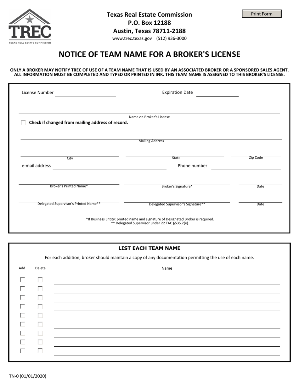 Form TN-0 Notice of Team Name for a Brokers License - Texas, Page 1