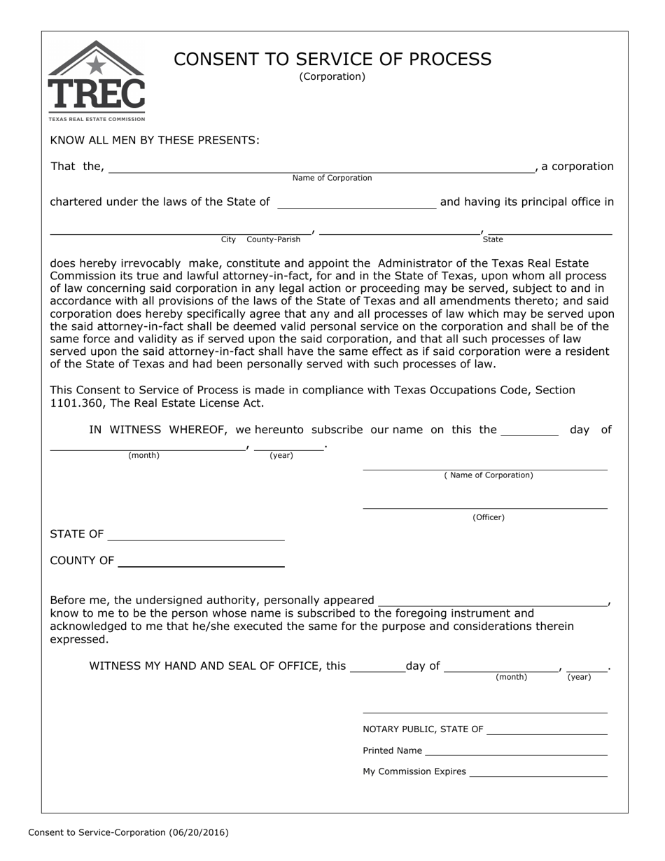 Consent to Service of Process (Corporation) - Texas, Page 1