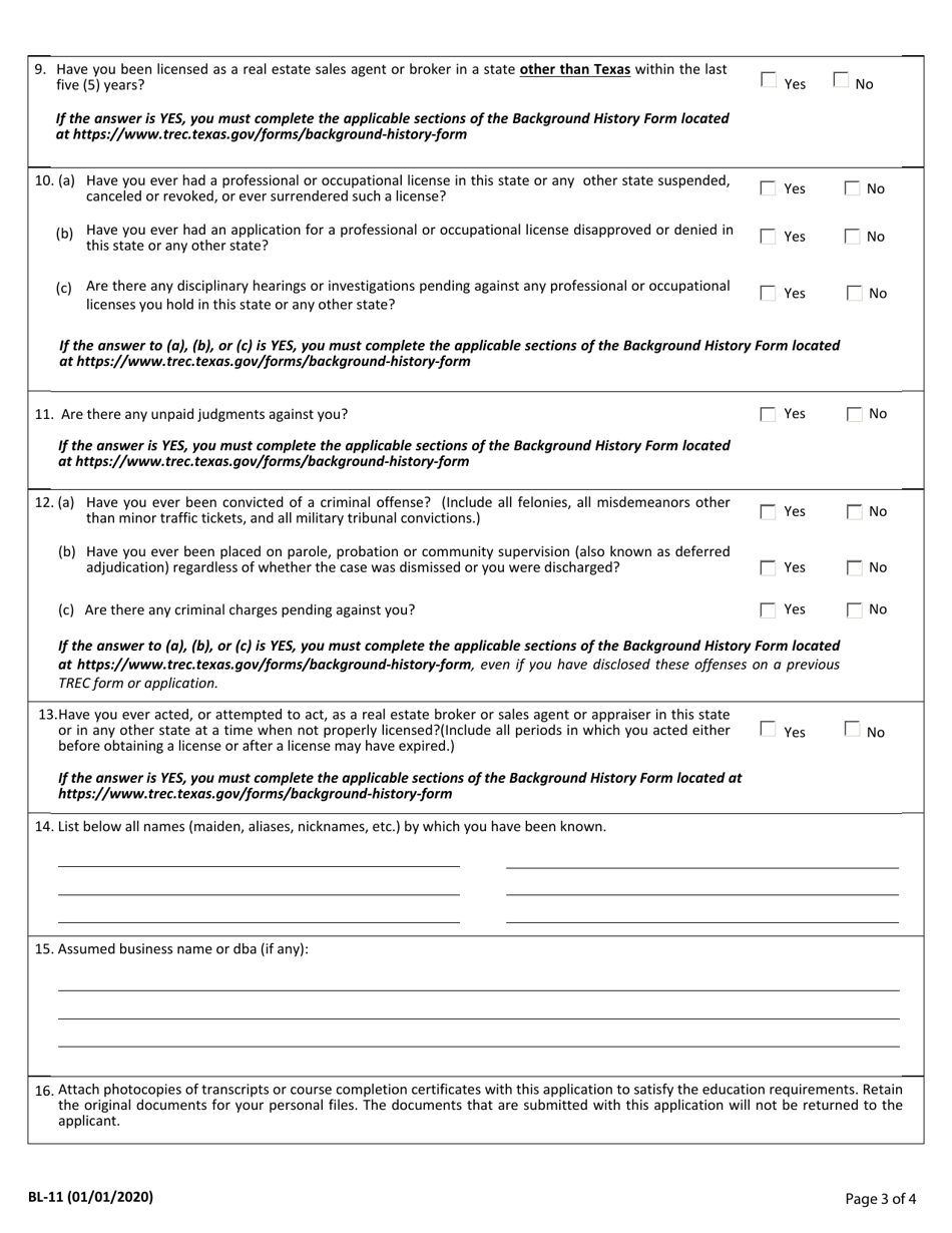 Form BL-11 Application for: Real Estate Broker License by an Individual - Texas, Page 3
