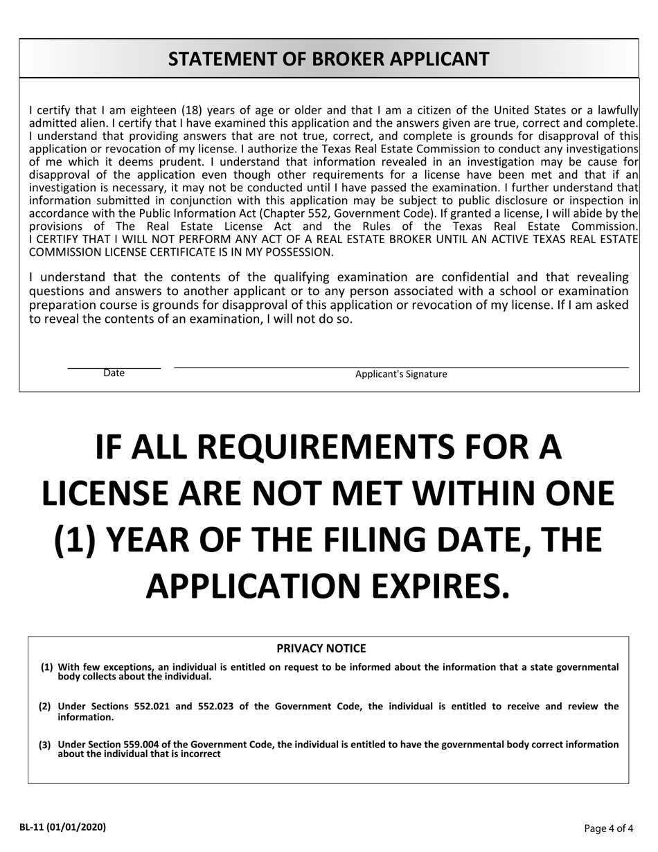 Form BL-11 Application for: Real Estate Broker License by an Individual - Texas, Page 4