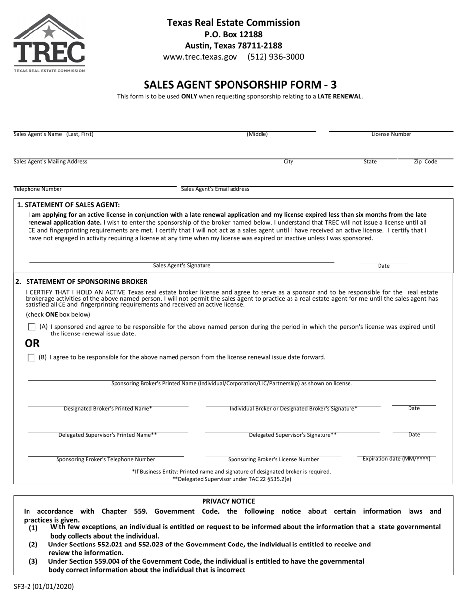 Form SF3-2 Sales Agent Sponsorship Form - Texas, Page 1