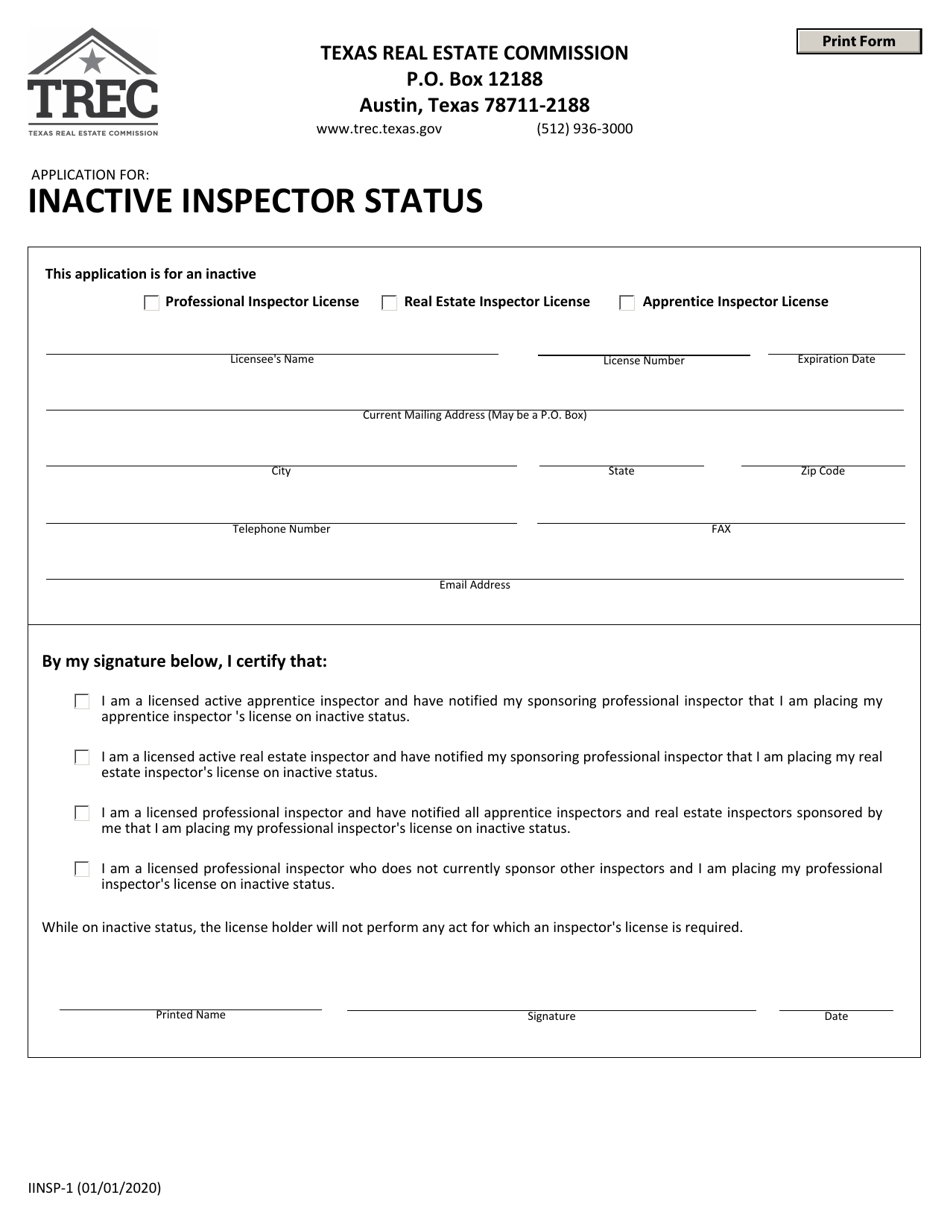 Form IINSP-1 Application for Inactive Inspector Status - Texas, Page 1