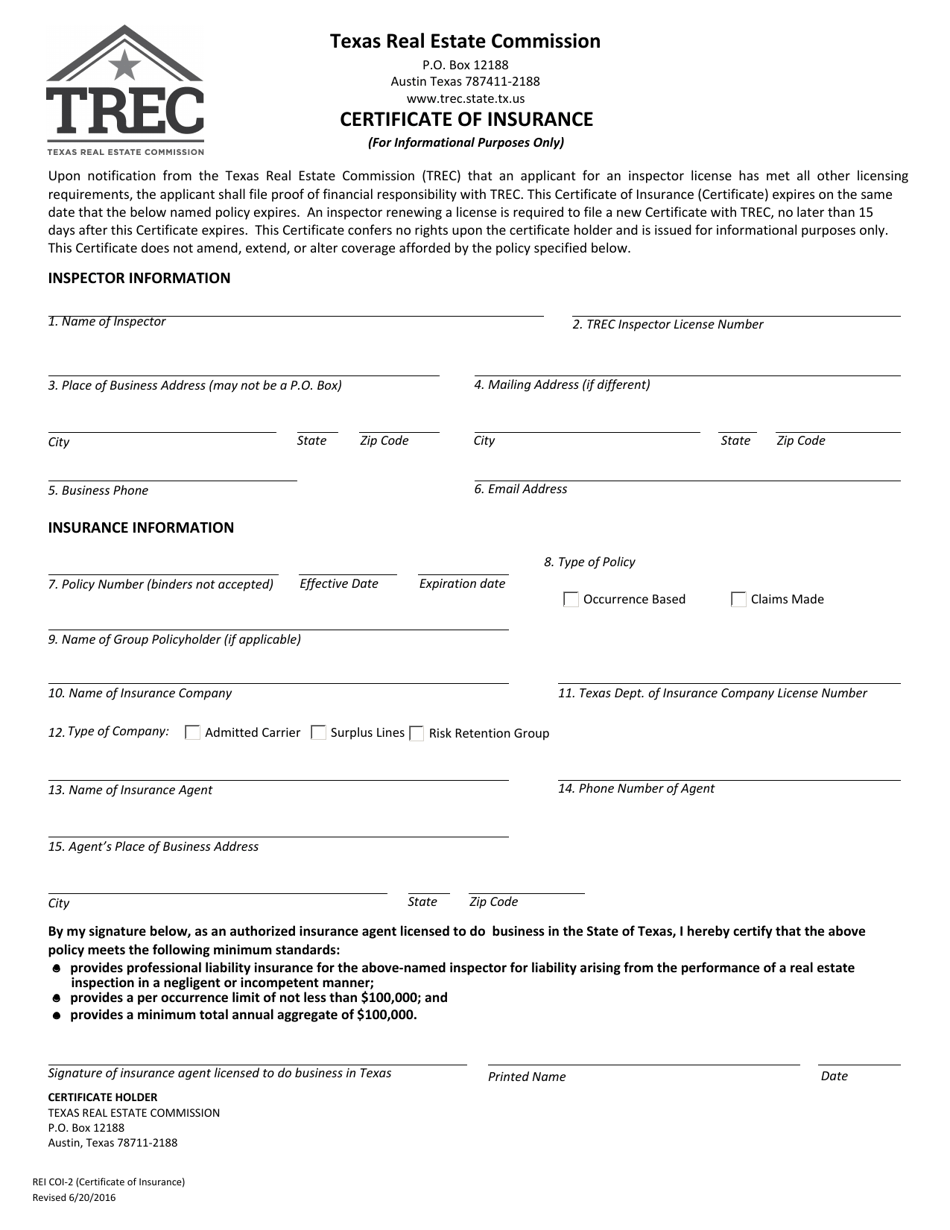 Form REI COI-2 Certificate of Insurance - Texas, Page 1