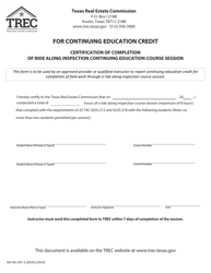 Document preview: Form INS-RA-CRT-2 For Continuing Education Credit Certification of Completion of Ride Along Inspection Continuing Education Course Session - Texas